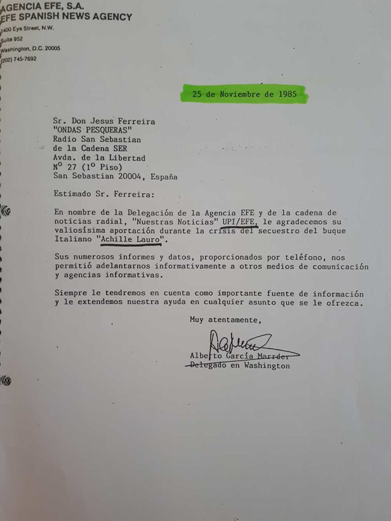 Letter of recognition from the EFE Agency to Jesús Ferreiro.