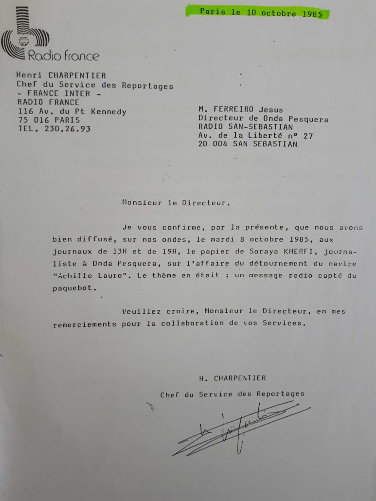 Acknowledgement letter from "Radio Frances" to Jesús Ferreiro.