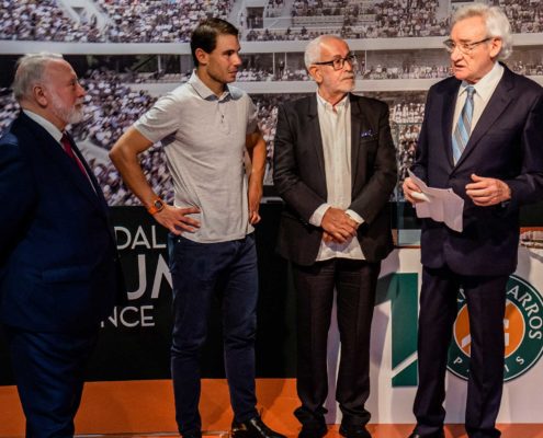 Nomination de Luis del Olmo et Rafael Nadal comme parrains honoraires de la Fondation Titanic. Enrique López Veiga, Rafael Nadal, Jesús Ferreiro et Luis del Olmo.