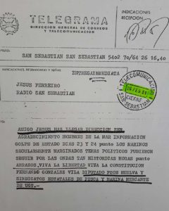 Coup d'état. Telegram from UGT to 